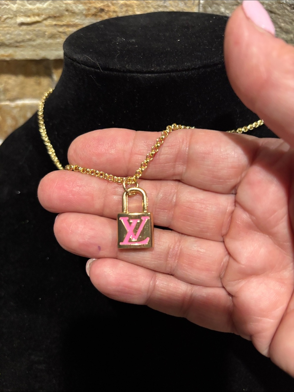 Gold Chain Necklace with Pink LV Padlock - Picture 2 of 5